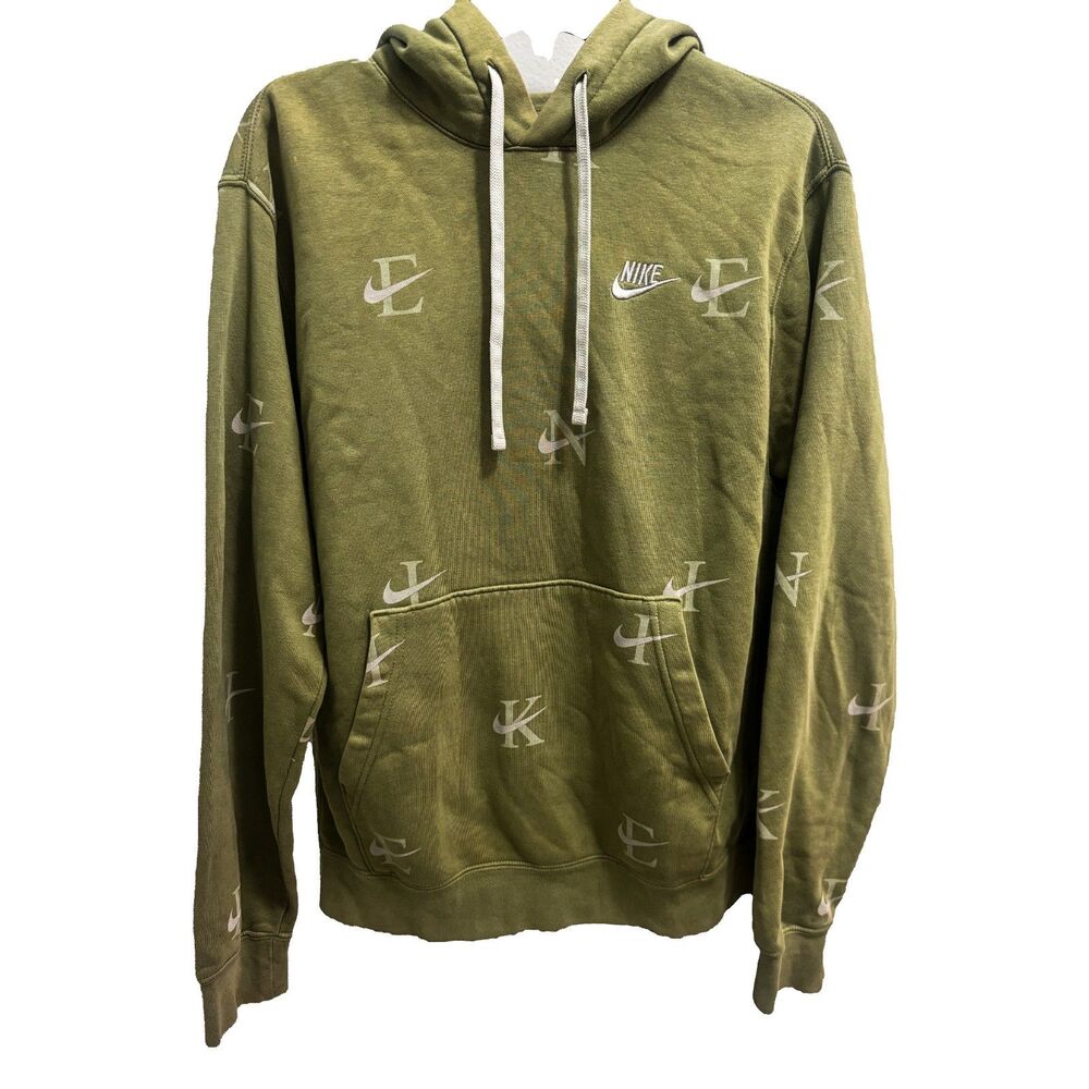 Nike All Over Print Spellout Letter Logo Hoodie Olive Green Mens Size Medium